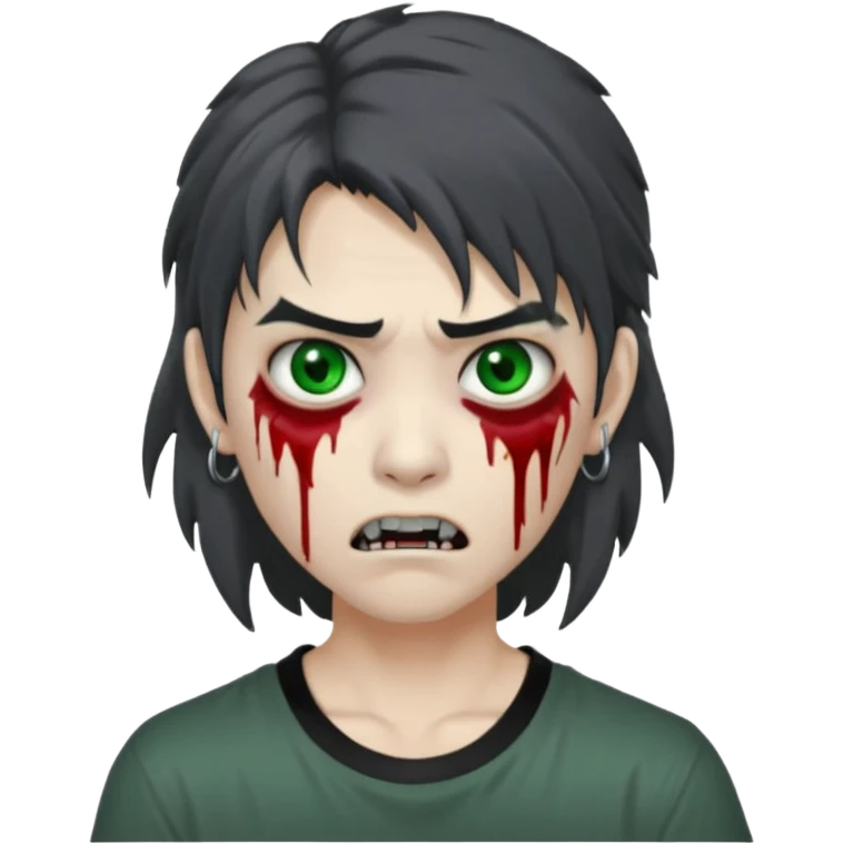 3D emoji-style avatar with grey zombie skin, dark brown hair, a young Asian face, and large green eyes with blood tears. Give it white litle bit messy mullet hair style , silver hoop earrings, and a plain black T-shirt. The face expression should be slightly angry, with vampire fang emoji