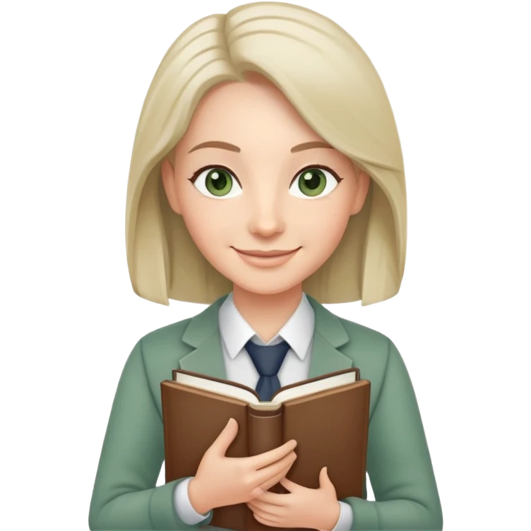 smiling English teacher with airtouch hair and grey-green eyes holding books and teaching materials emoji