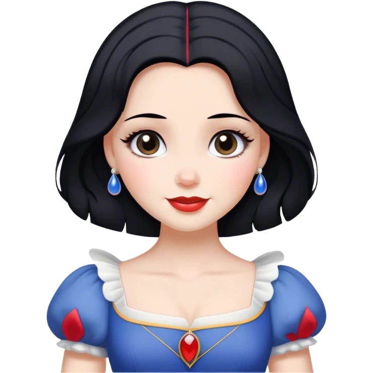 Cinematic Radiant Snow White Portrait Emoji, rendered in a realistic, vector style with clean proportions. Show Snow White with a soft, welcoming smile, delicate porcelain skin, and neatly arranged raven hair, wearing her timeless dress. The image radiates a warm, inviting glow, high shine, and is enhanced by a soft glowing outline that accentuates her gentle beauty. emoji