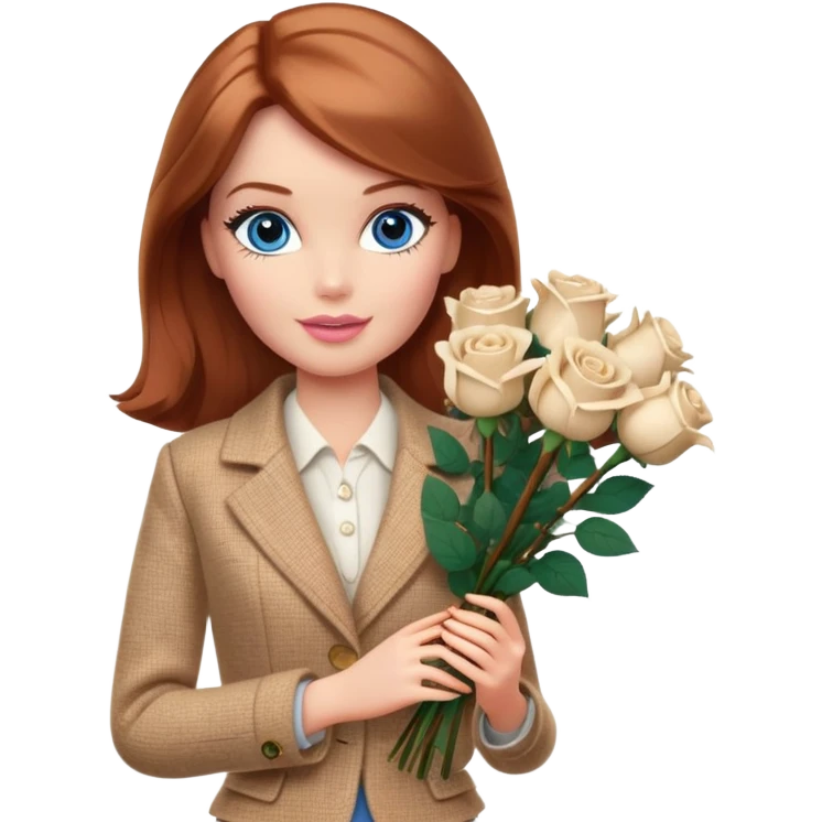 A Barbie girl with blue eyes, shoulder-length reddish-brown hair, made-up, wearing a beige tweed jacket and a beige skirt, with a bouquet of 9 white roses emoji