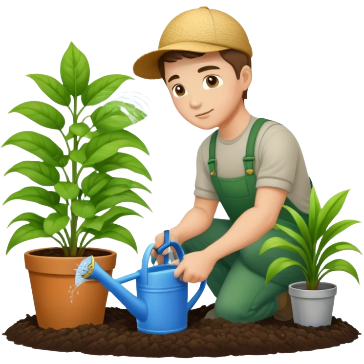 hardworking young white male gardener watering plants emoji