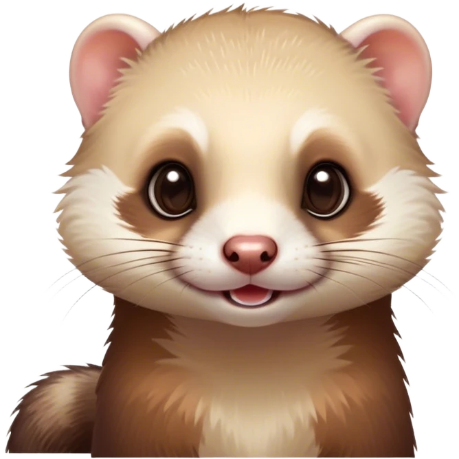 Cinematic Cute Ferret Portrait Emoji, Head tilted playfully, with an elongated, flexible body and a characteristically curious expression, featuring a short, pointed snout, bright, sparkling eyes, and soft fur in warm brown and cream tones, Simplified yet irresistibly adorable features, highly detailed, glowing with a warm, friendly glow, high shine, affectionate and lively, stylized with a touch of whimsical mischief, soft glowing outline, capturing the essence of a fun-loving and mischievous ferret that feels like it could scamper straight into your heart! emoji
