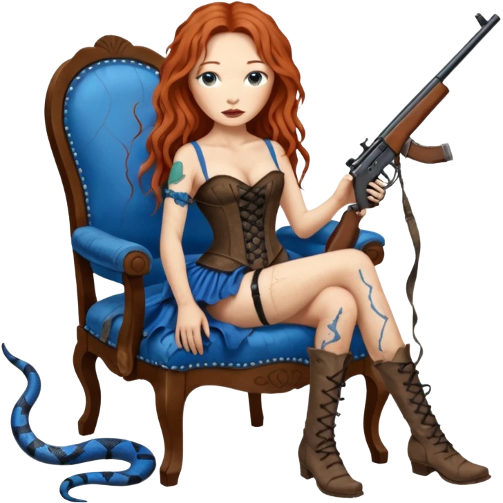 realistic cinematic Tori Amos sits on a rocking chair in a torn corset, holding an antique rifle and her bare feet are muddy. A blue snake is wrapped around the chair. emoji
