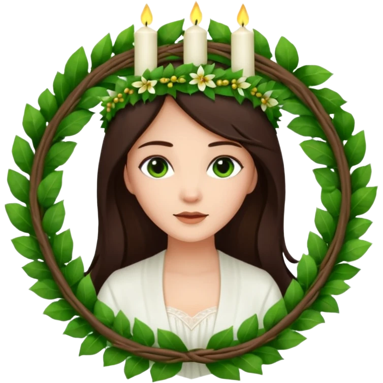  saint lucia with dark brown hair with a white gown and a wreath made from greenery with candles on top of the wreath emoji