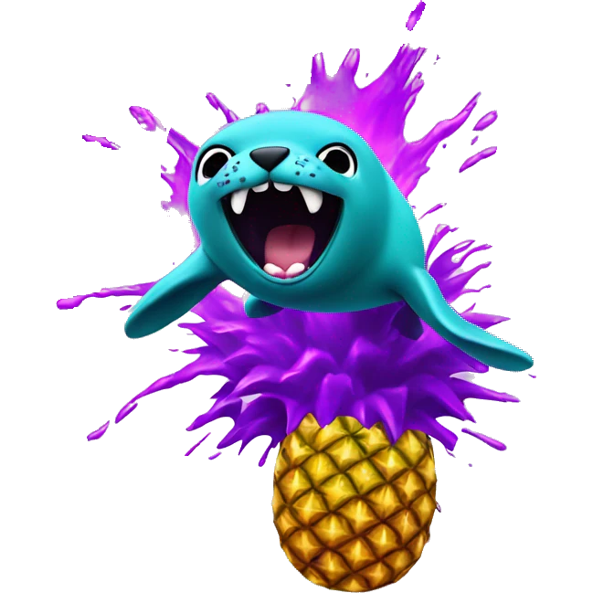 teal seal jumping exploding out of big purple pineapple emoji