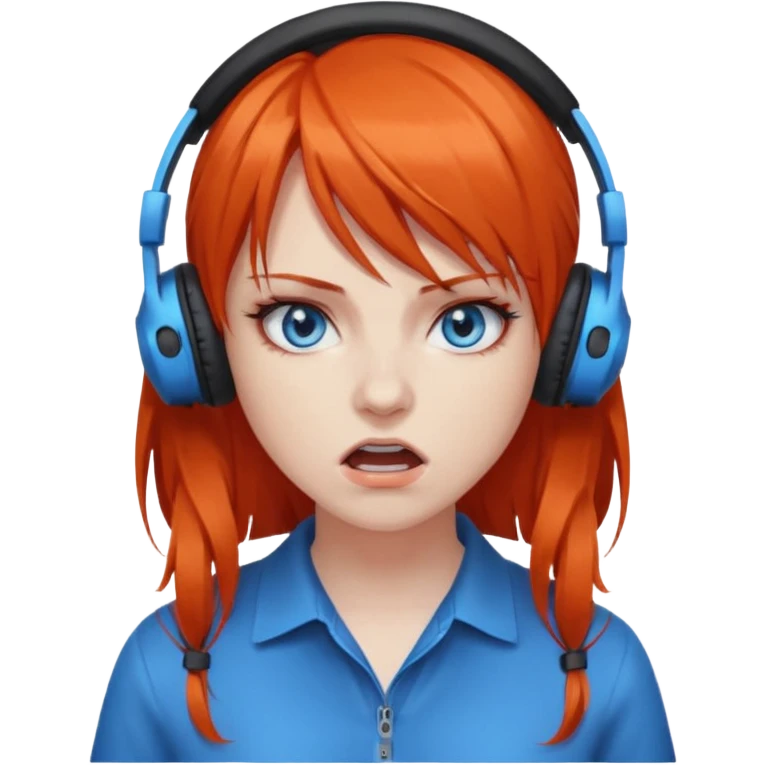 A woman with dark orange hair and bangs, blue eyes, an asmr streamer, angry, emoji