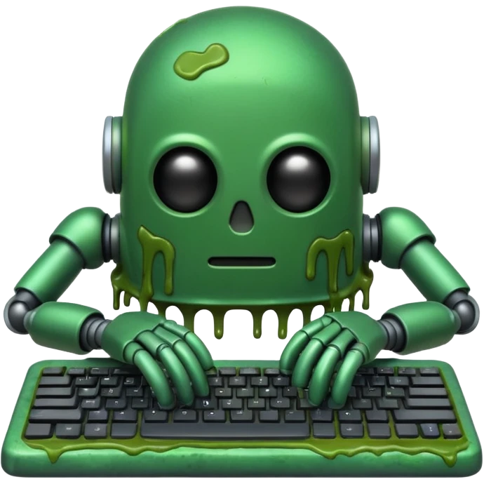 An emoji of a green robot melting away covered in thick green sludge sad and depressed, crawling out of a keyboard.  emoji