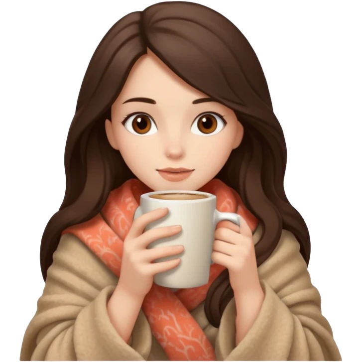 Девушка брюнетка с длинными волосами, костями глазами укутана в пушистый плед бежевого цвета и пьет кофе. Картинка должна были в цветах: бежевый, коралловый и коричневый emoji