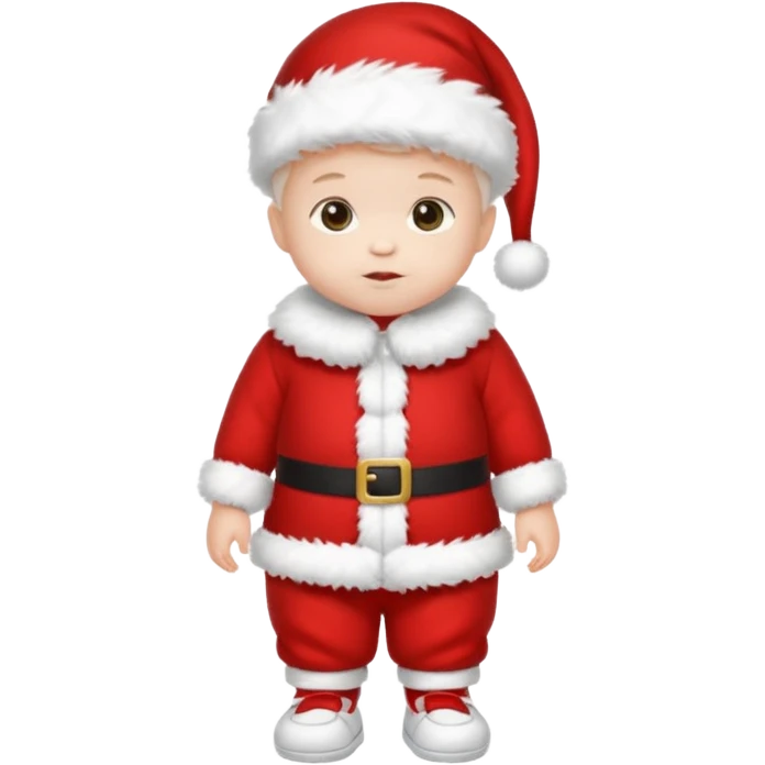 a standing baby wearing santa clothes and cute fluffy shoes emoji