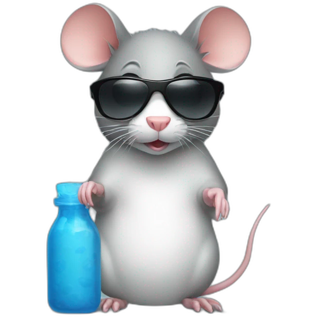 Rat wearing sunglasses with a plastic bag of pills emoji