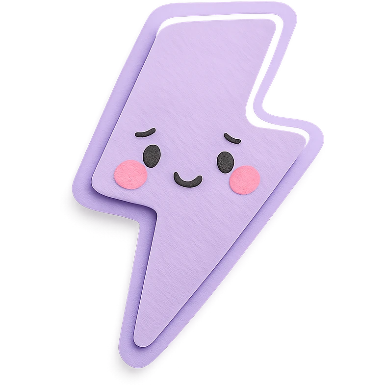 soft pastel lavender lightning bolt with soft glow and shy face, no arms or legs, full body, kawaii style, soft pastel colors emoji