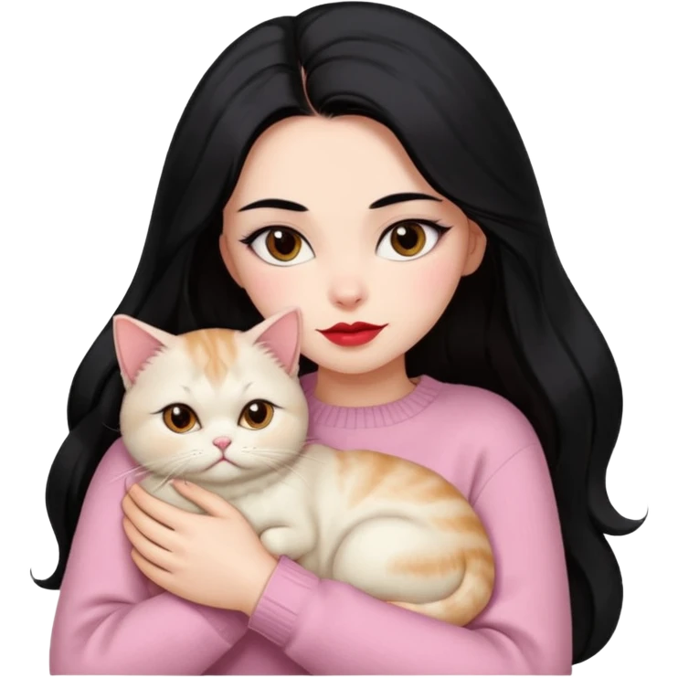Beautiful Girl Long Hair black, Brows Big , Skin White, Sweater Pale Pink , Big Red Lips, Eyes marron , Hug Little baby Persa Cream Cat With Cute Eyes emoji