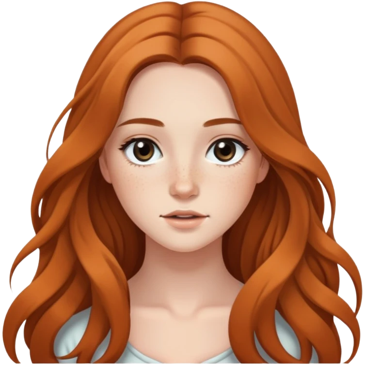 young woman with flowing long hair, dark black eyes, natural makeup, and cute freckles emoji