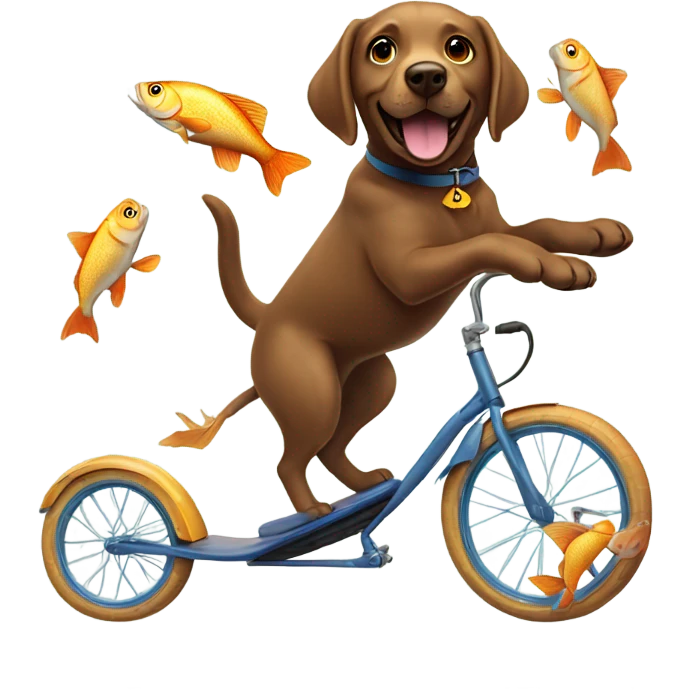 A brown Labrador riding a unicycle whilst juggling fish emoji