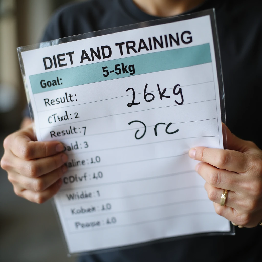 close-up of a diet and training chart with 'Goal: -5kg' highlighted, but the 'Result' column remains zero, man's hands gripping the chart with disappointment, 4K details emoji