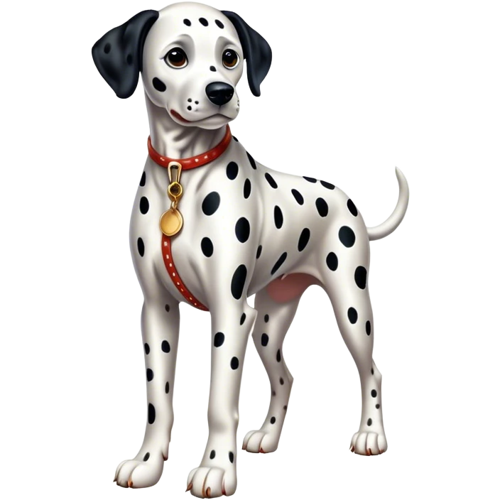 Cinematic Realistic full-body portrait of a Dalmatian dog, rendered with glossy, meticulously detailed spotted fur and expressive, alert eyes, set against a clean, neutral backdrop that highlights its regal and athletic stance. emoji