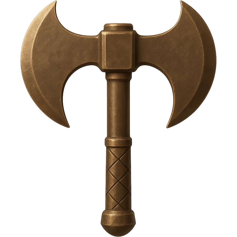Transform the bronze axe into a double-bladed battleaxe with a more vertical and symmetrical orientation. Maintain a realistic metallic and worn bronze style. The original style is emoji style, but since emoji style does not support editing, use a general style editor to preserve the emoji look. Transparent background. emoji