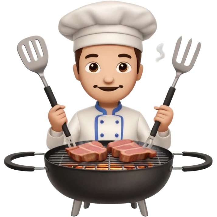 A 3D cartoon cook flipping meat on a grill with tongs, gentle smoke effect, Memoji-style lighting. emoji