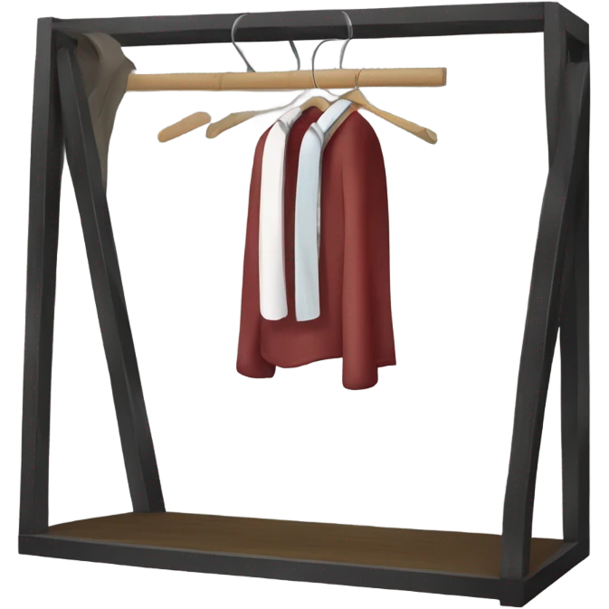Design an emoji-style icon of an open wardrobe with clothes hanging inside. Include details like a wooden frame, hangers, and black clothing items such as shirts or any other clothing . Use a clean and minimalistic design. emoji