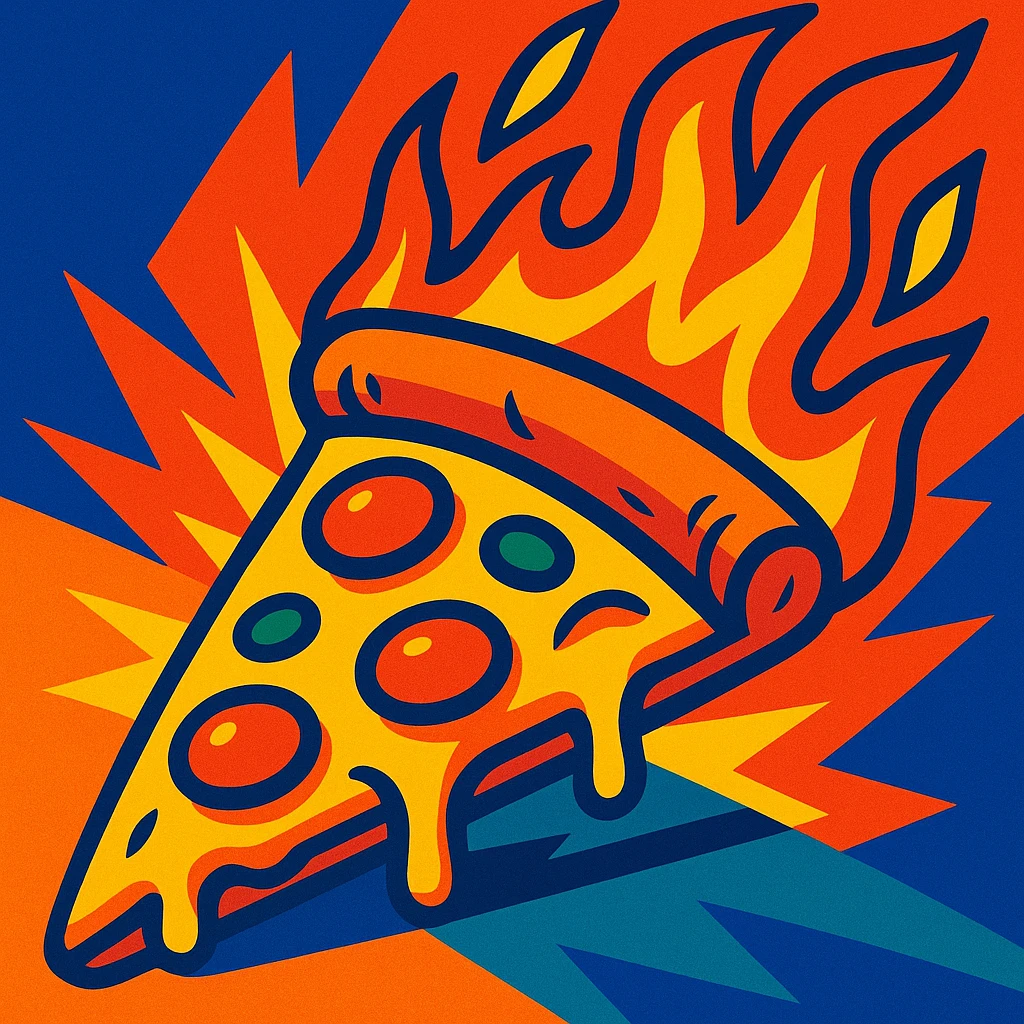 pizza slice with fire, vibrant and dynamic, bold colorful cartoon style, energetic illustration emoji