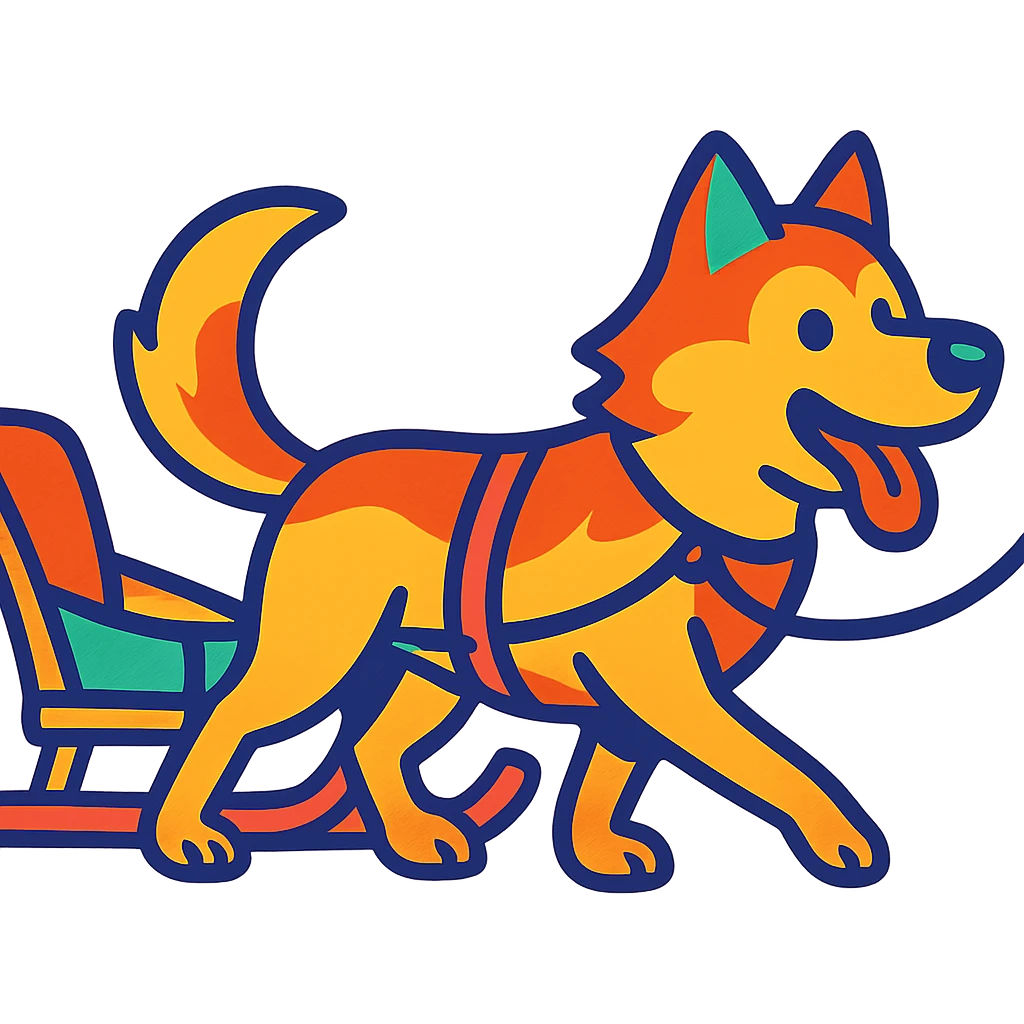 a dog attached to a sled by a rope, pulling, colorful cartoon style emoji