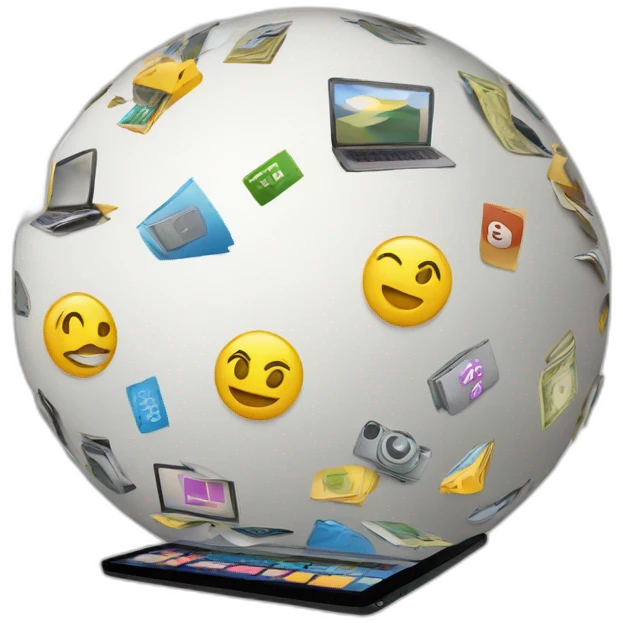 a sphere of small emojis of camera, laptops, dollar signs, people, paper, iphone,  emoji