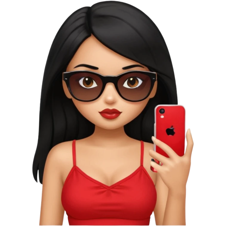 generate a pretty bratz girl with black hair, black sunglasses and a phone, red cami top emoji