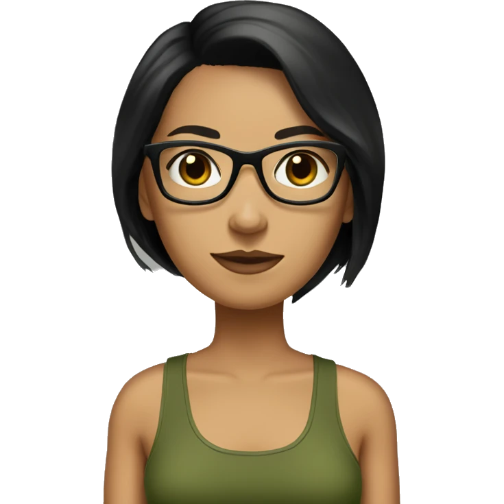 white skined woman with straight black hair with a olive green tank top with glasses tortoise  emoji