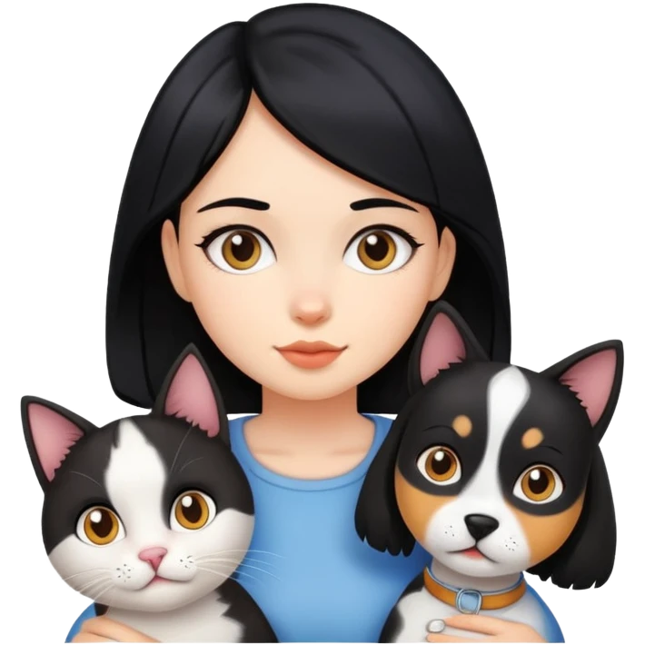 Menina de cabelo preto com um gato e um cachorro  emoji