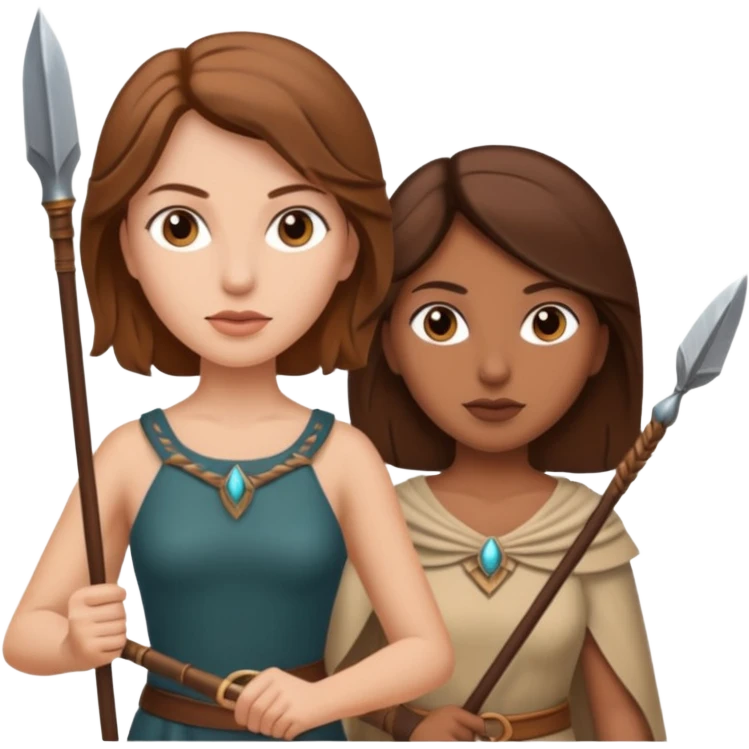 white woman with brown hair and brown woman with brown hair both holding spears emoji
