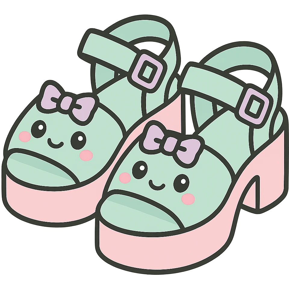 Transform these primarily black kawaii gothic shoes with pink and pastel accents, silver studs and chains, into platform sandals, no socks, no hearts, transparent background emoji