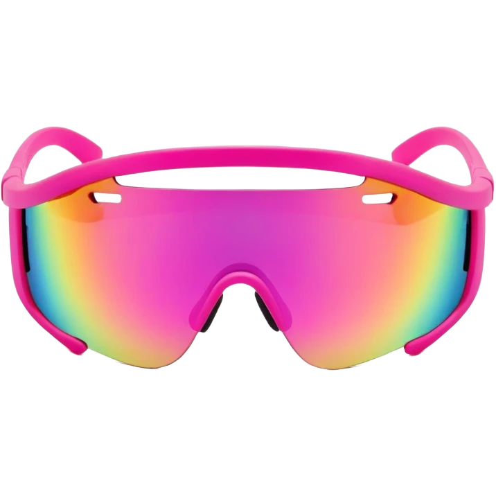 sporty neon pink shield visor sunglasses with chunky frame and integrated secure strap, professional athletic design, futuristic one-piece rainbow mirrored lens emoji