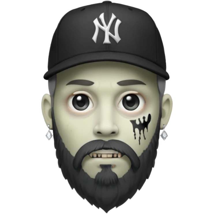 Hazme un zombie con barba en la barbilla el emoji que esté en blanco y negro osea la foto que tenga aretes pequeños una gorra volteada de los new York yankee y una cadena de diamantes que diga W emoji