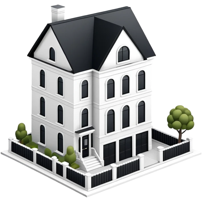 Upper East Side black and white classic modern townhouse exterior, isometric dollhouse-style, realistic emoji