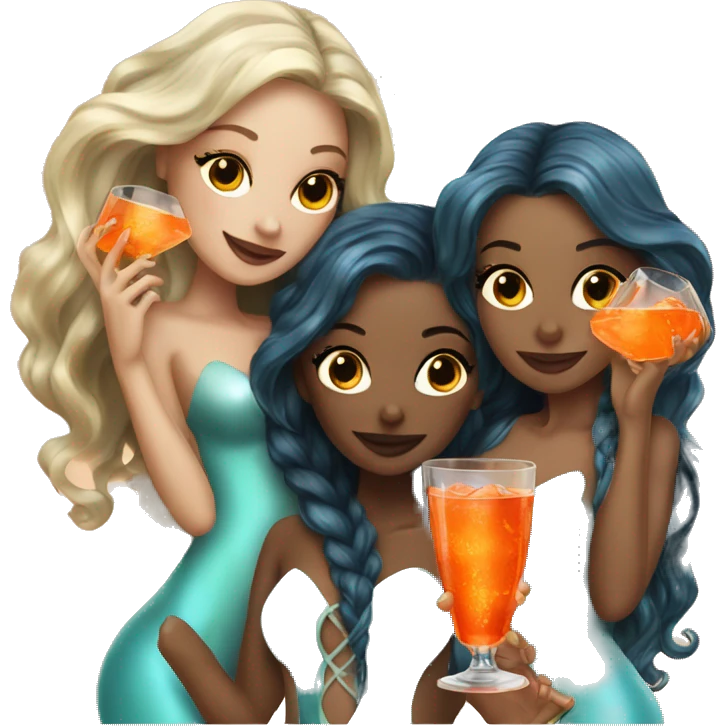Three beautiful mermaids (light skin) drinking aperol emoji