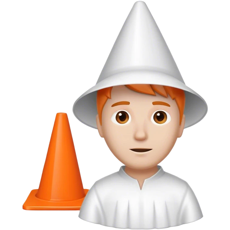 White guy with white gown and white traffic cone on head emoji