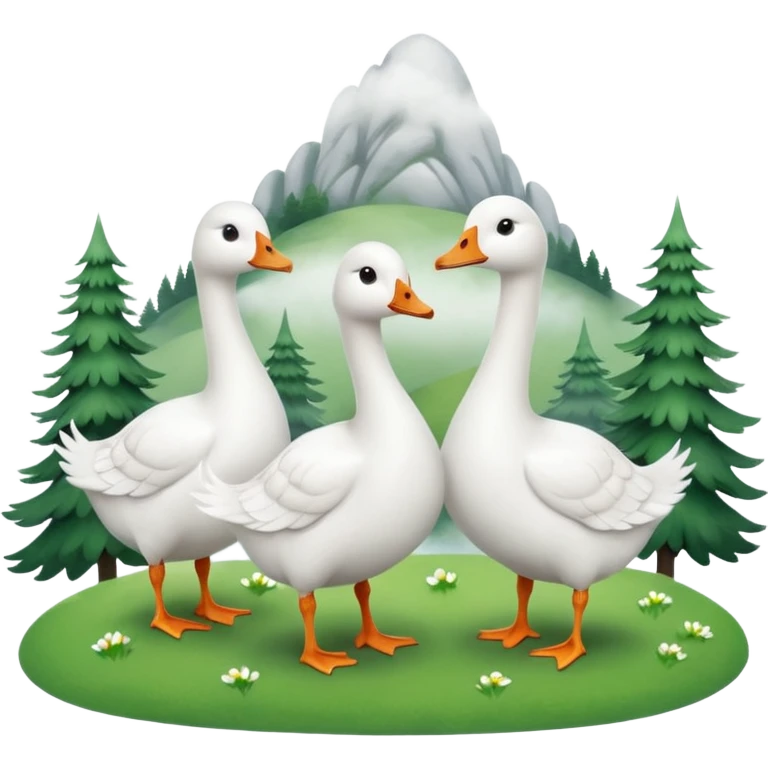 9 white geese standing on a green hill, front view, foggy emoji