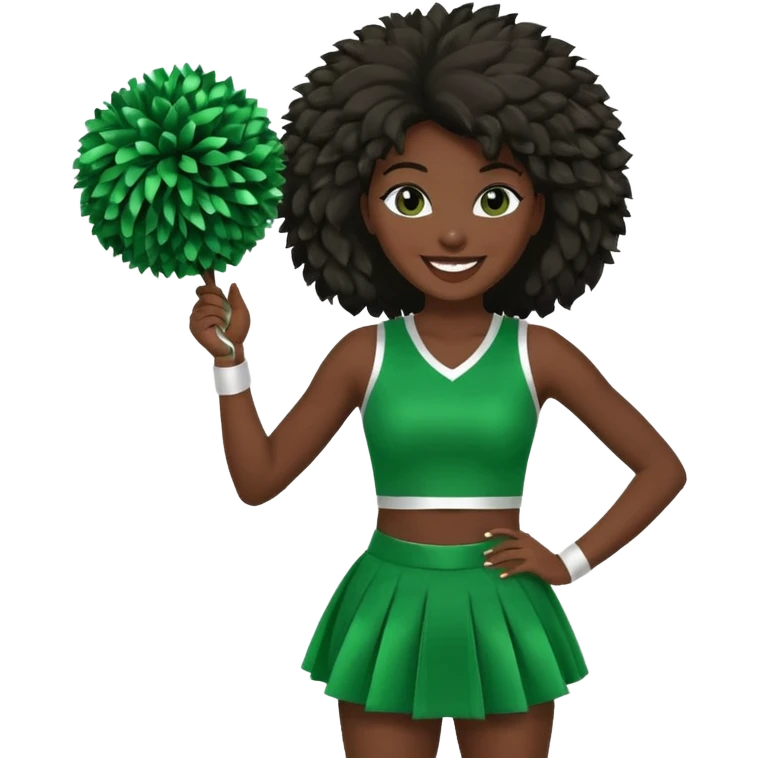football cheerleader, holding a cheering pom, green dress and black skin emoji