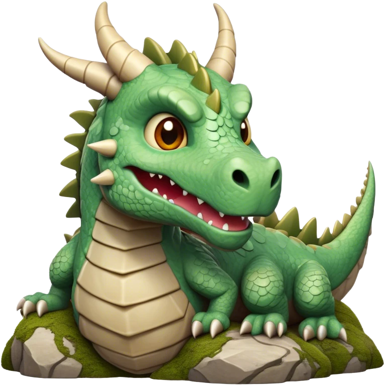 Cinematic Cute Giant Rock Dragon Portrait Emoji, Head tilted playfully and inquisitively, showcasing a robust, stone-carved body with intricately detailed, craggy textures in natural earthen tones accented by soft hints of moss, and a surprisingly gentle, endearing expression; rendered with lifelike clarity and warm, natural light, high shine, mighty yet endearing, styled with a touch of ancient, stony whimsy, soft glowing outline, capturing the essence of a mischievous stone guardian poised to rumble playfully into your embrace! emoji