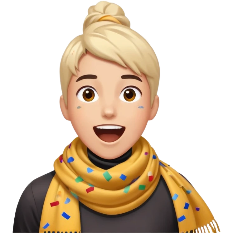 person with a sports scarf, excited expression, confetti in the air emoji
