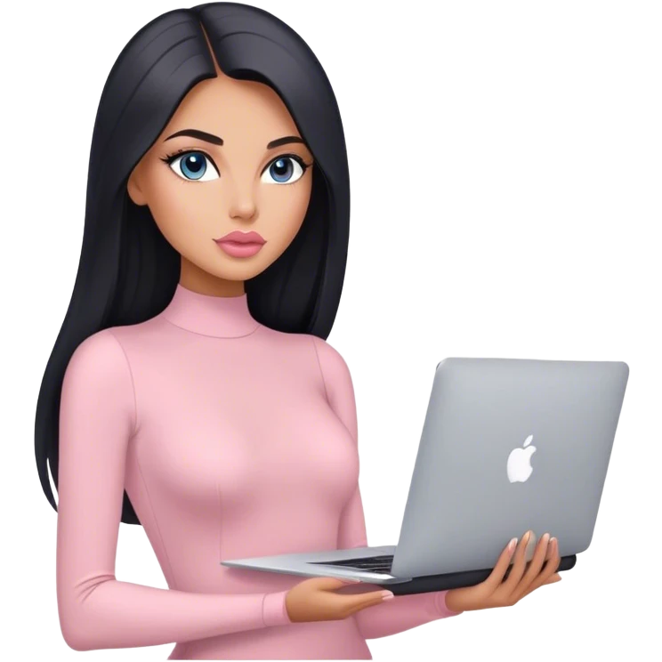 Glamours, tanned, very beautiful girl, with big pump peach-beige-rose lips, black straight smooth silky long hair, straight parting, blue-grey eyes, in light-pink bodysuit holding MacBook emoji