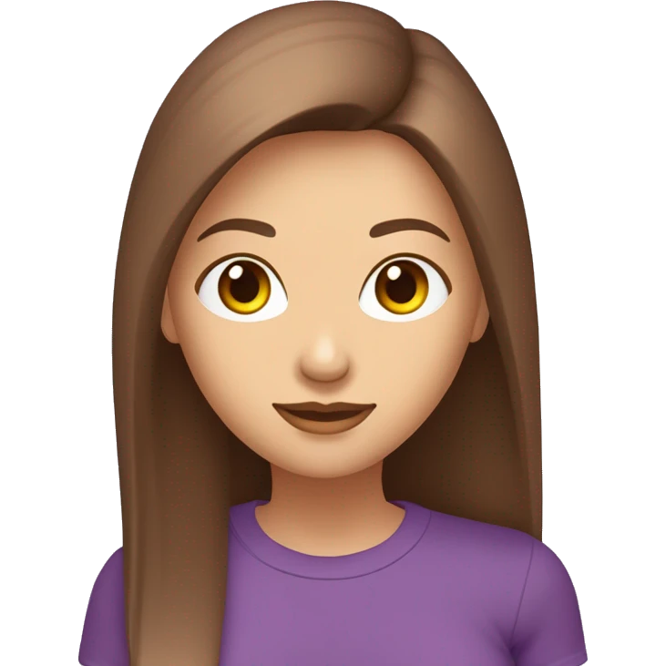 Femme aux cheveux longs châtains lisse avec peau claire avec les yeux verts et marrons avec un t-shirt violet emoji