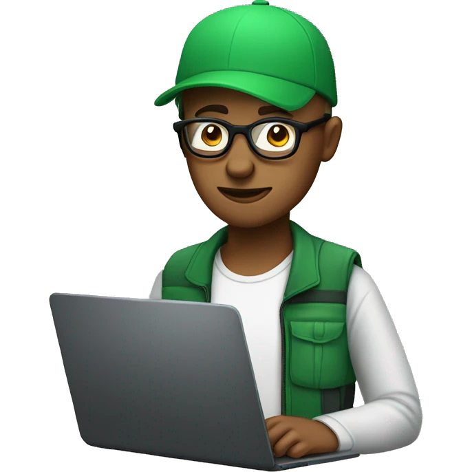 Webdesiger with laptop, wearing glasses and a green cap emoji