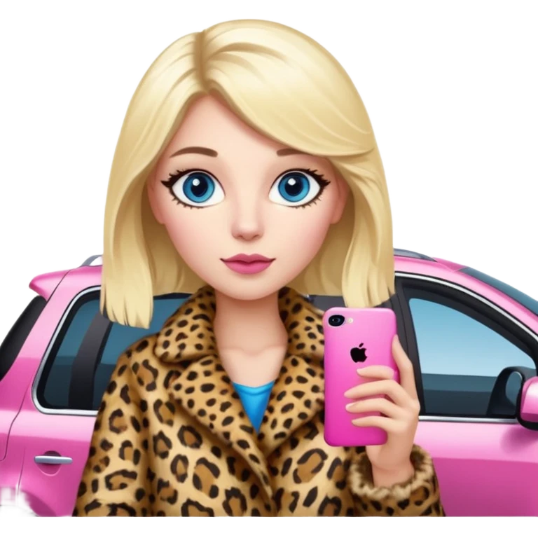a blondie queen Arina in a leopard fur and pink iPhone on her kia Sportage car. blue eyes emoji