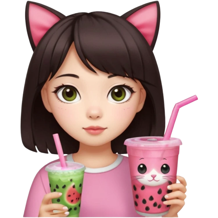 Pale asian girl with cat eyes big pupils with dark brown hair side bangs t the left and layered hair towards the inside with pink bow on hair and pink outfit holding a watermelon bubble tea emoji