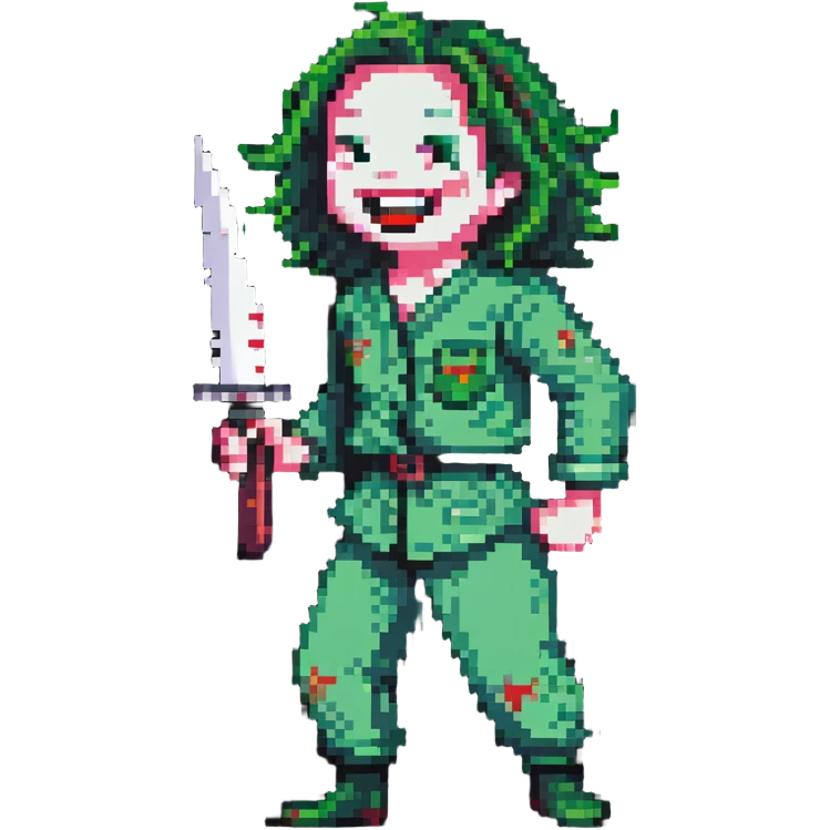 pixelated savage person in 1988 fashion with neon colors, holding knife, wicked laugh emoji