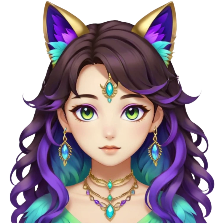 Beautiful gorgeous anime lady with beautiful dark-brown-wavy-special-hair, fashion aesthetic, ethereal, violet feather in hair, accessories, gold jewelries, gold, colorful, feline ears, colorful hazel-green-blue-gradient eyes emoji