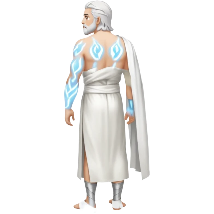 fullbody silverhair shirtless god ZEUS, white robe over shoulder, standing still backview emoji