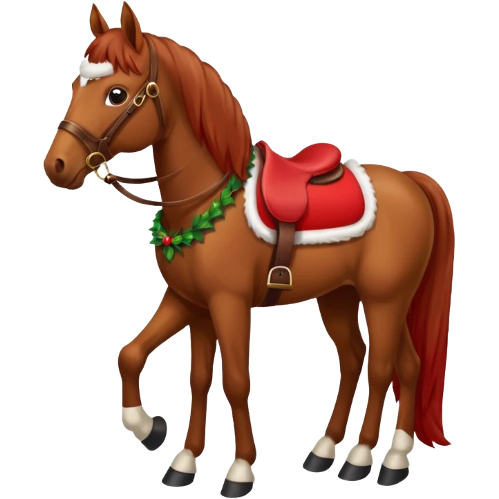 a christmas brown horse with a red saddle emoji