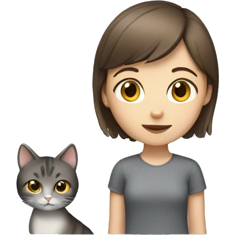 Girl with a short brown hair with grey cat emoji